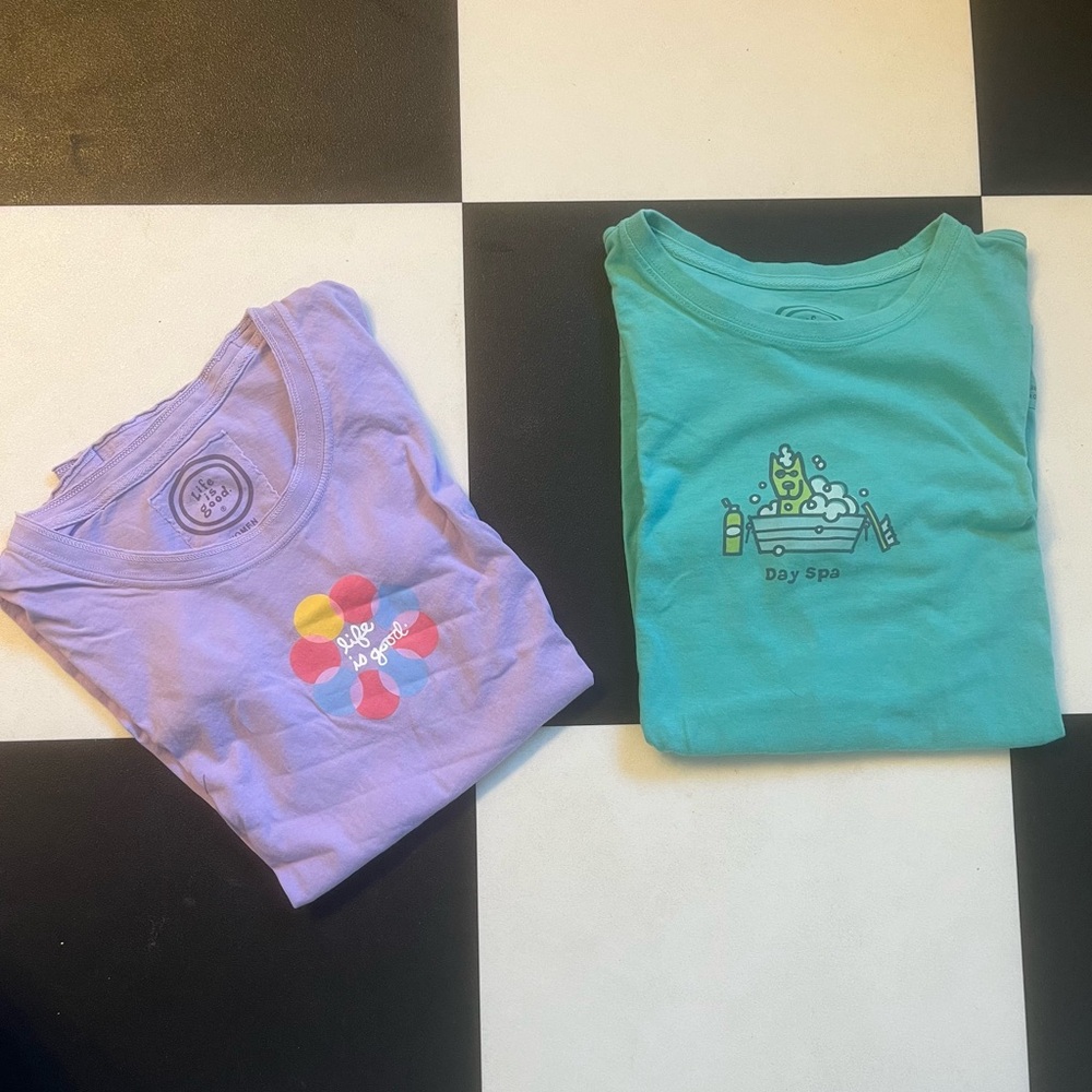 20% OFF BUNDLES 2+   Life Is Good — 2 Women’s Tees. Size S Purple &Teal Green